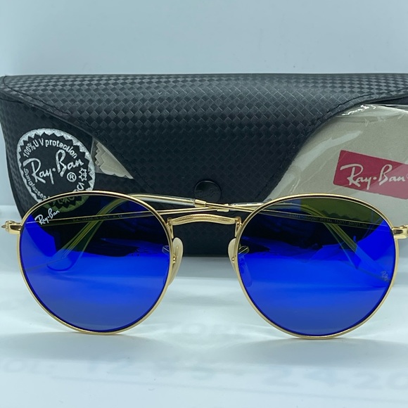 Brand New Rayban Round Rb3447 Gold with Flash Blue - Picture 3 of 8